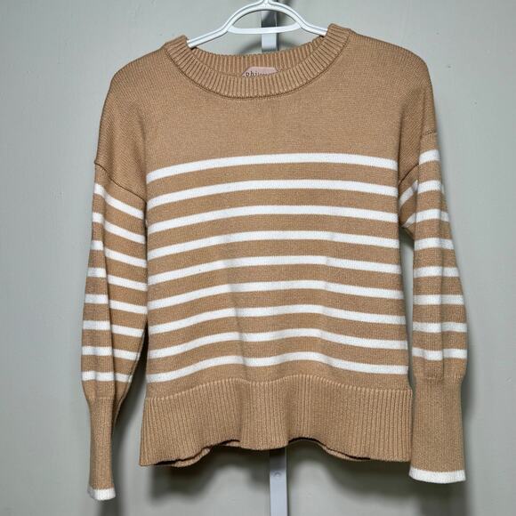 Philosophy Striped Sweater Tan White Size Med Drop Shoulder Cozy Neutral Classic - Picture 1 of 8